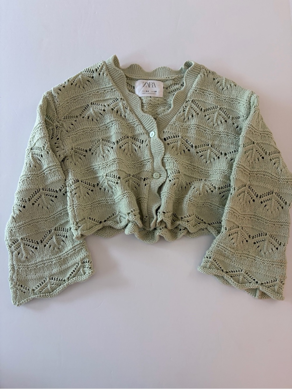 Zara Kids Mint Green Cardigan Button Down Sweater Delicate Pointelle Size 8-9